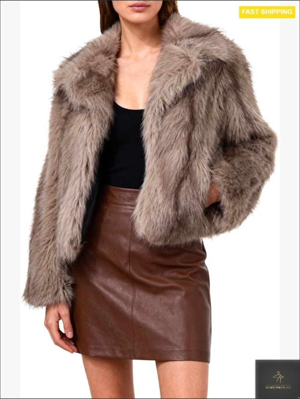 Faux Fur Cropped Jacket Lapel Collar Open Front Pockets Long Sleeve Chic